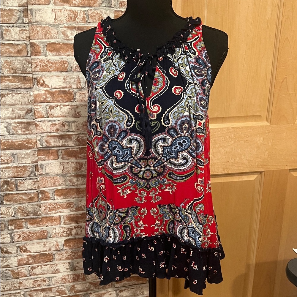 Bila Top Women’s Paisley Tunic Blouse Sleeveless Ruffled Hem Tassels Ties Boho S